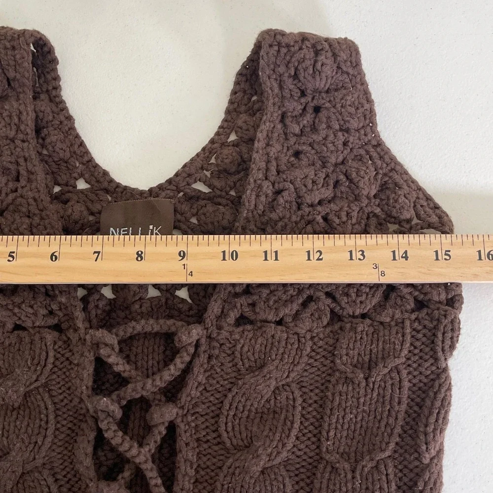 Vintage Nellik Crochet Lace Up Vest Women XS Brown Knit Floral Boho Festival Y2K